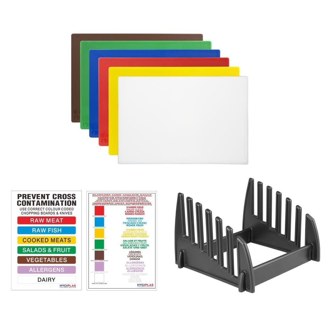 FOOD COLOUR CODED 6 CHOPPING BOARD SET & RACK - GDGUK