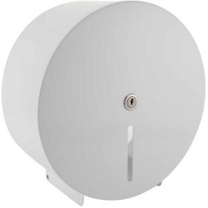 Perola® 12" White Metal Round Maxi Jumbo Toilet Roll Dispenser